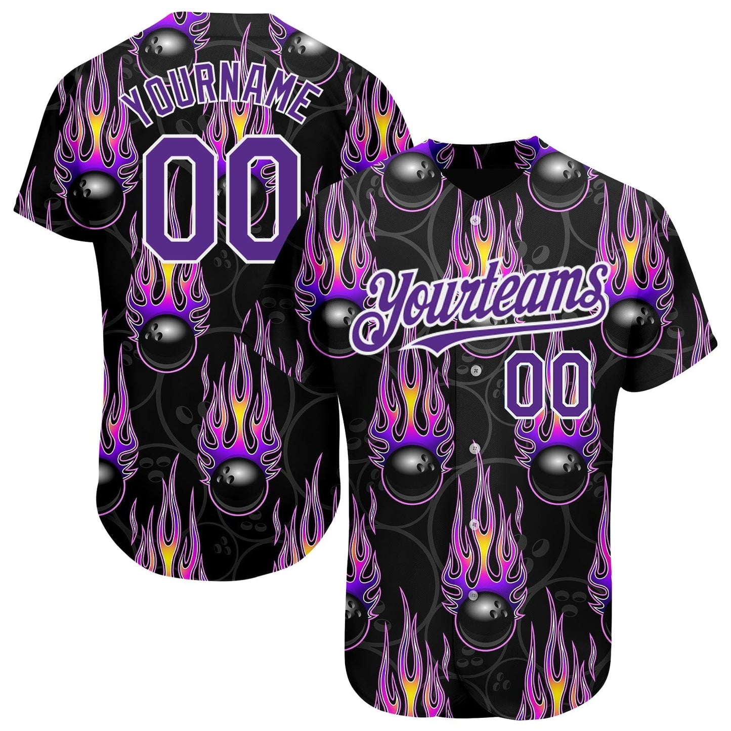 Custom Black Purple-White 3D Pattern Design Bowling Ball With Hotrod Flame Authentic Baseball Jersey baseball jersey product view 1
