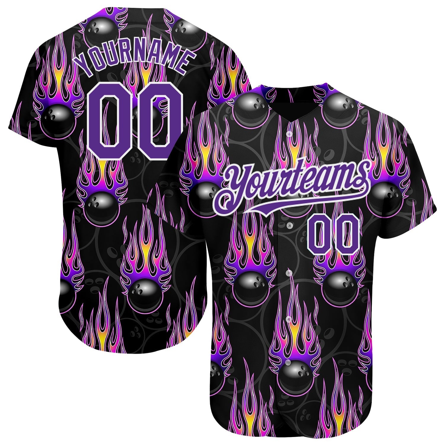 Custom Black Purple-White 3D Pattern Design Bowling Ball With Hotrod Flame Authentic Baseball Jersey baseball jersey product view 1