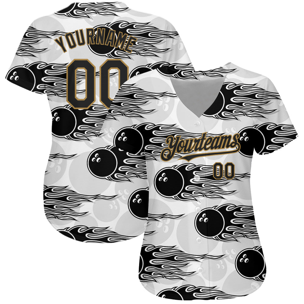 Custom White Black-Old Gold 3D Pattern Design Bowling Ball With Hotrod Flame Authentic Baseball Jersey baseball jersey product view 2
