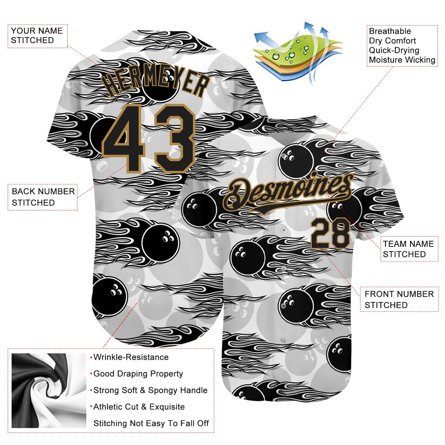 Custom White Black-Old Gold 3D Pattern Design Bowling Ball With Hotrod Flame Authentic Baseball Jersey baseball jersey product view 3