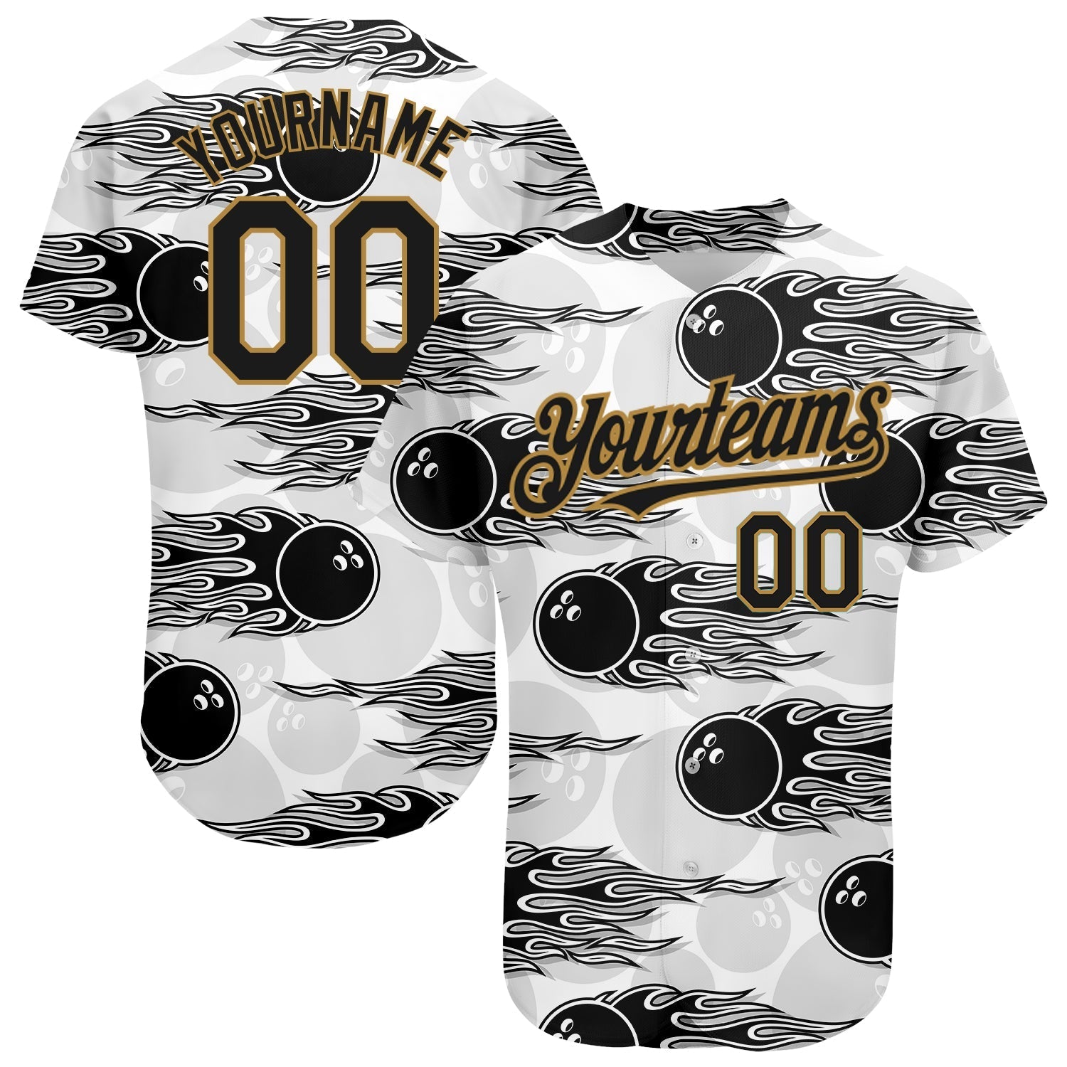 Custom White Black-Old Gold 3D Pattern Design Bowling Ball With Hotrod Flame Authentic Baseball Jersey baseball jersey product view 1
