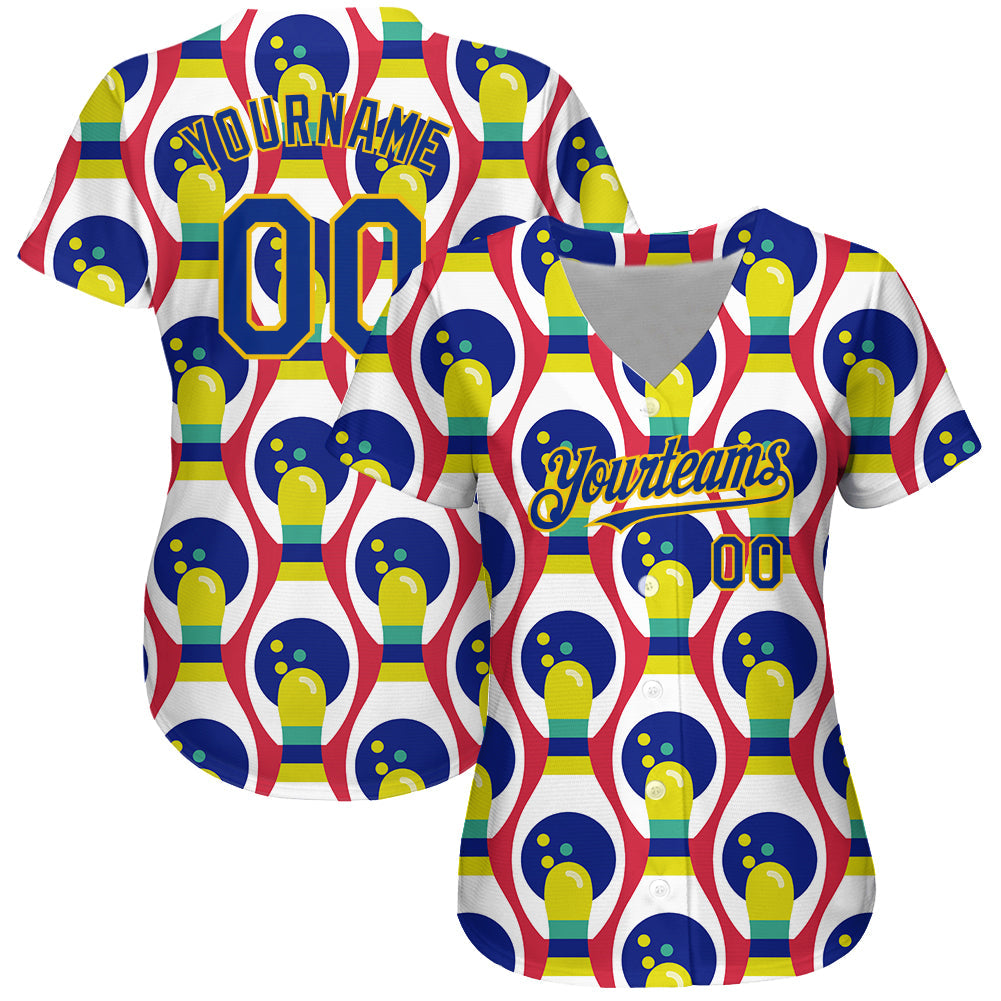 Custom White Royal-Yellow 3D Pattern Design Bowling Authentic Baseball Jersey baseball jersey product view 2