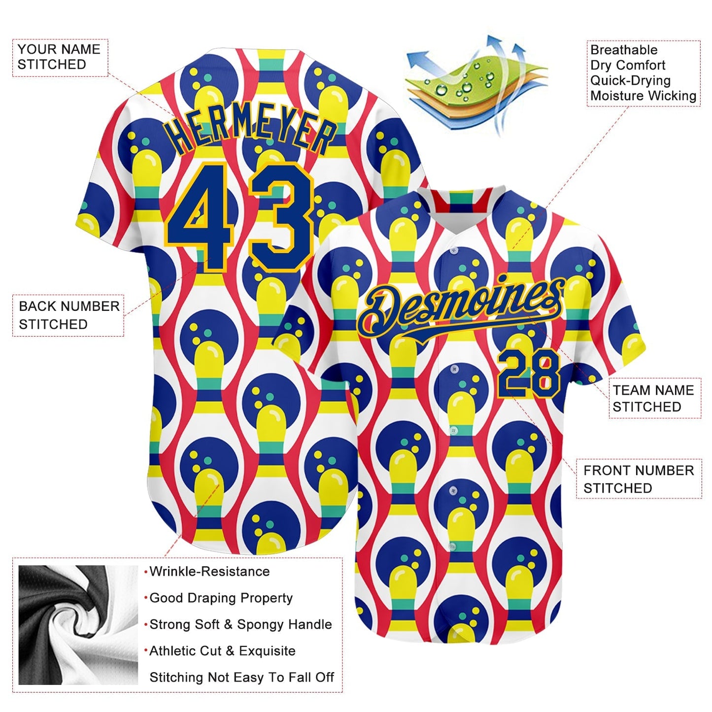 Custom White Royal-Yellow 3D Pattern Design Bowling Authentic Baseball Jersey baseball jersey product view 3