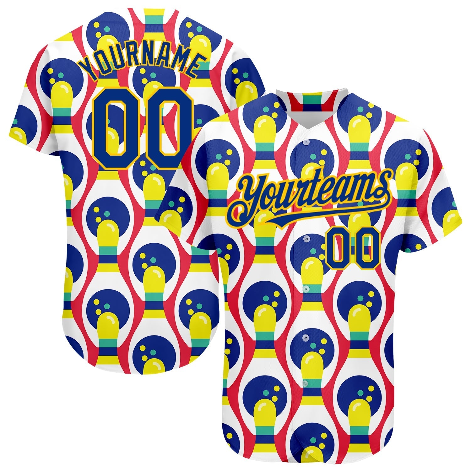 Custom White Royal-Yellow 3D Pattern Design Bowling Authentic Baseball Jersey baseball jersey product view 1