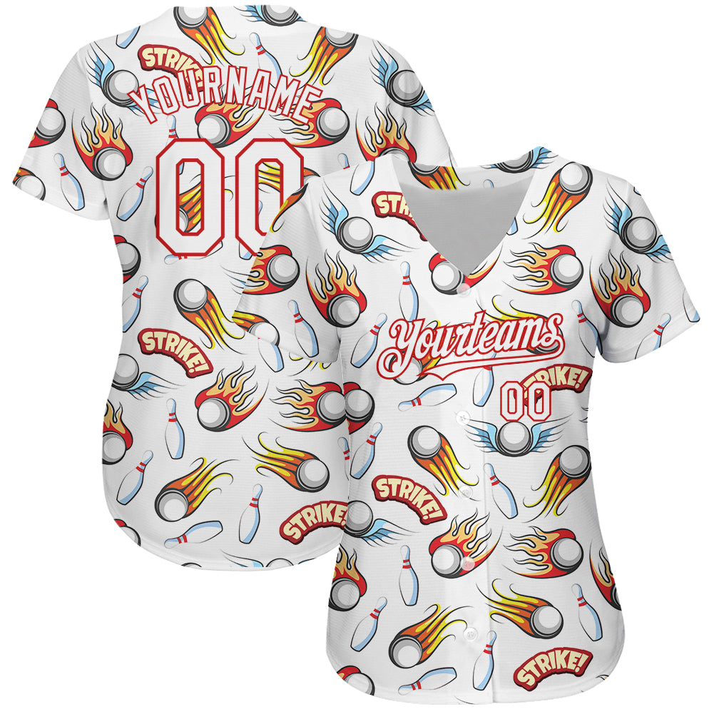 Custom White Red 3D Pattern Design Firely Bowling Authentic Baseball Jersey baseball jersey product view 2