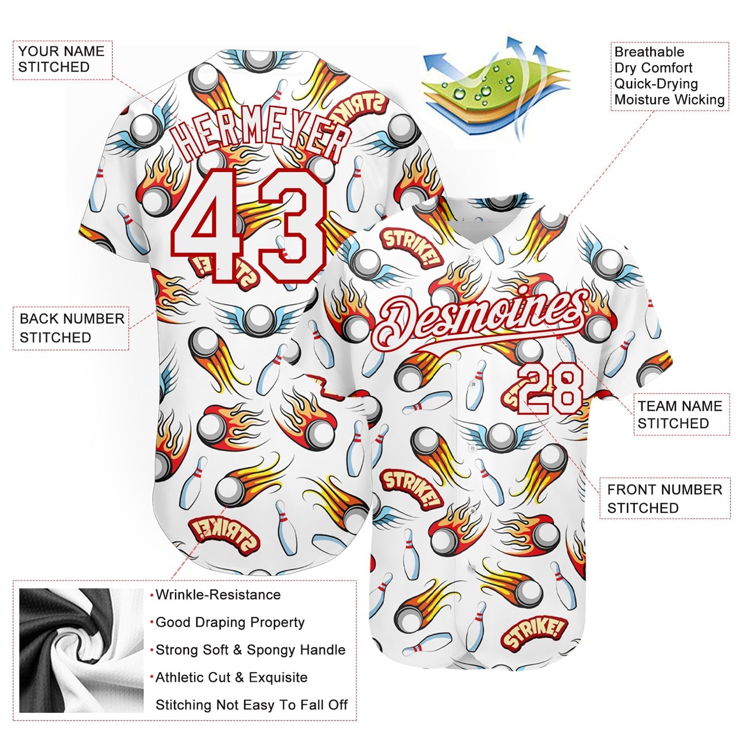 Custom White Red 3D Pattern Design Firely Bowling Authentic Baseball Jersey baseball jersey product view 3