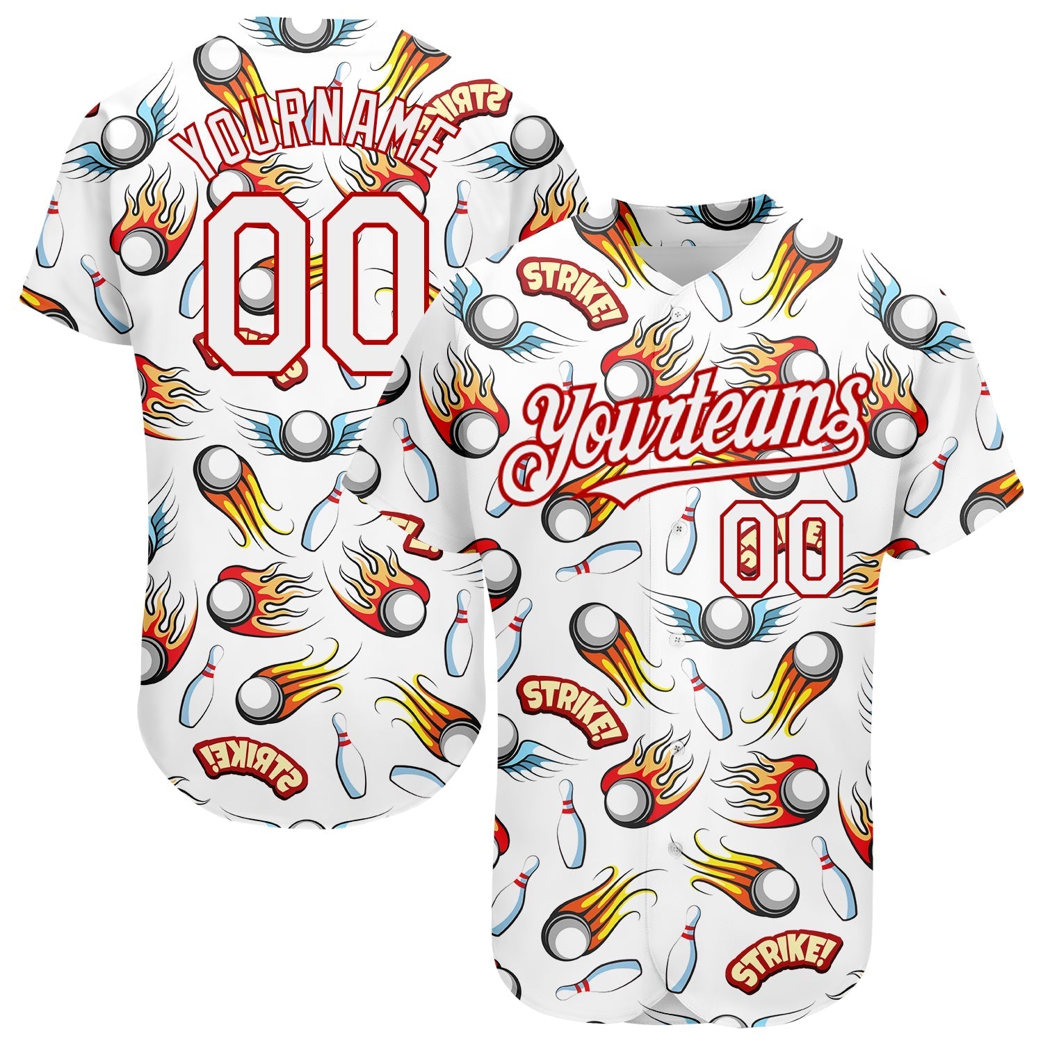 Custom White Red 3D Pattern Design Firely Bowling Authentic Baseball Jersey baseball jersey product view 1