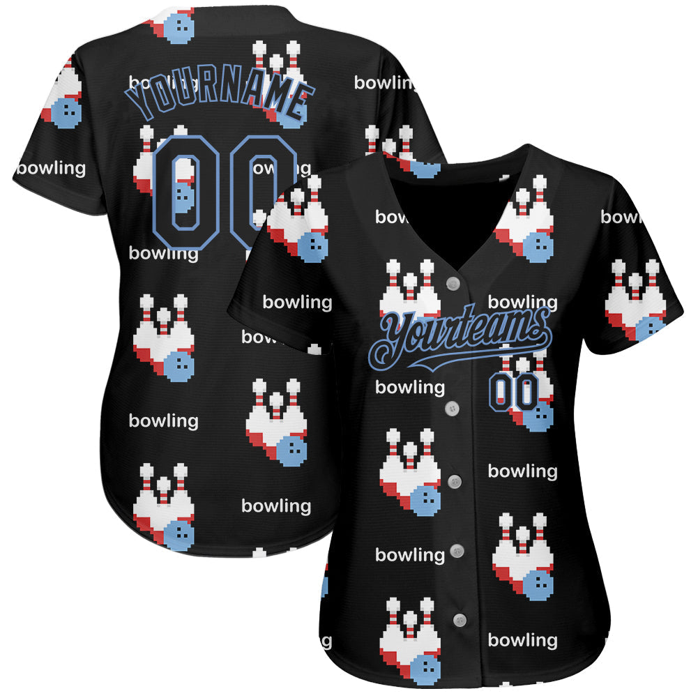Custom Black Light Blue 3D Pattern Design Bowling Authentic Baseball Jersey baseball jersey product view 2