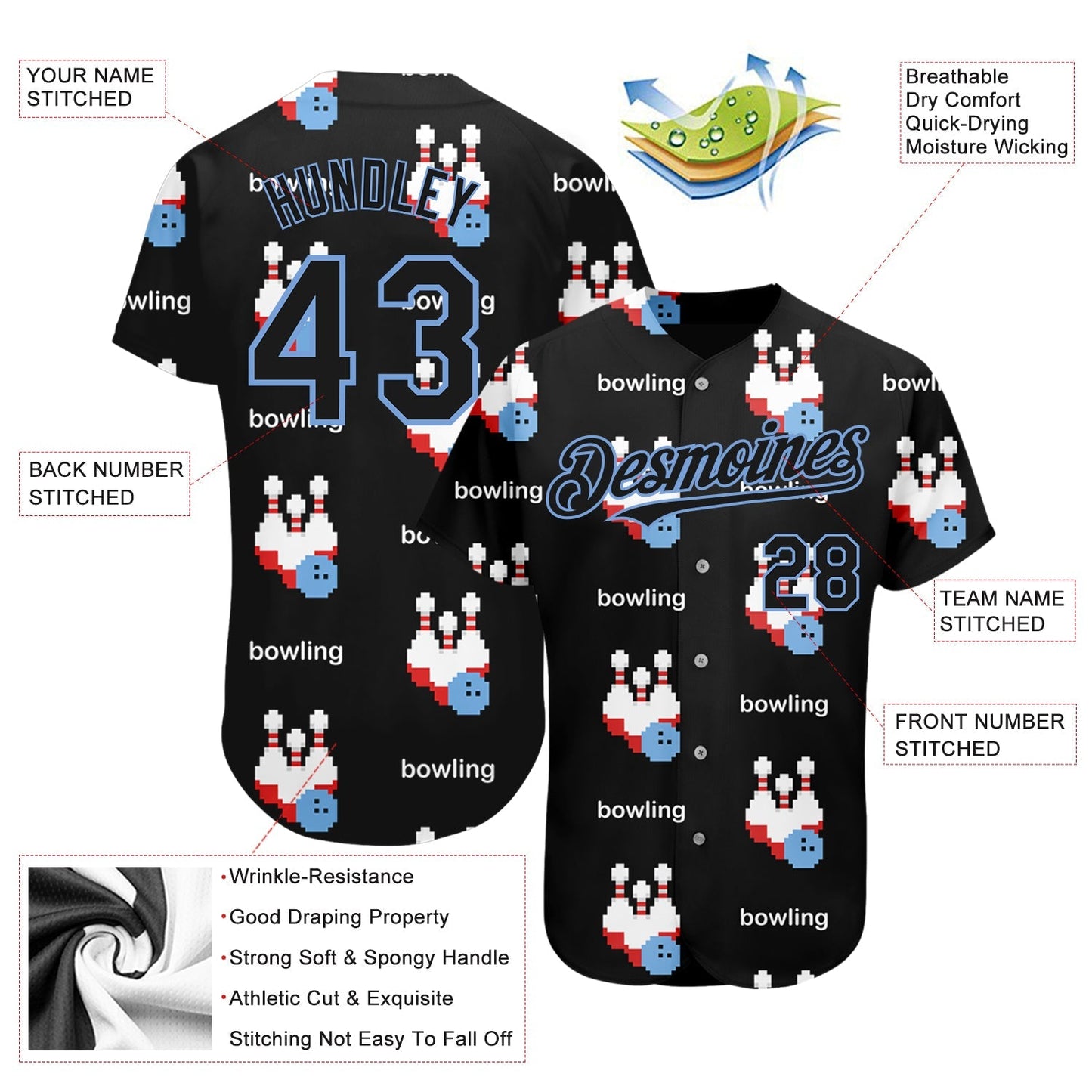 Custom Black Light Blue 3D Pattern Design Bowling Authentic Baseball Jersey baseball jersey product view 3
