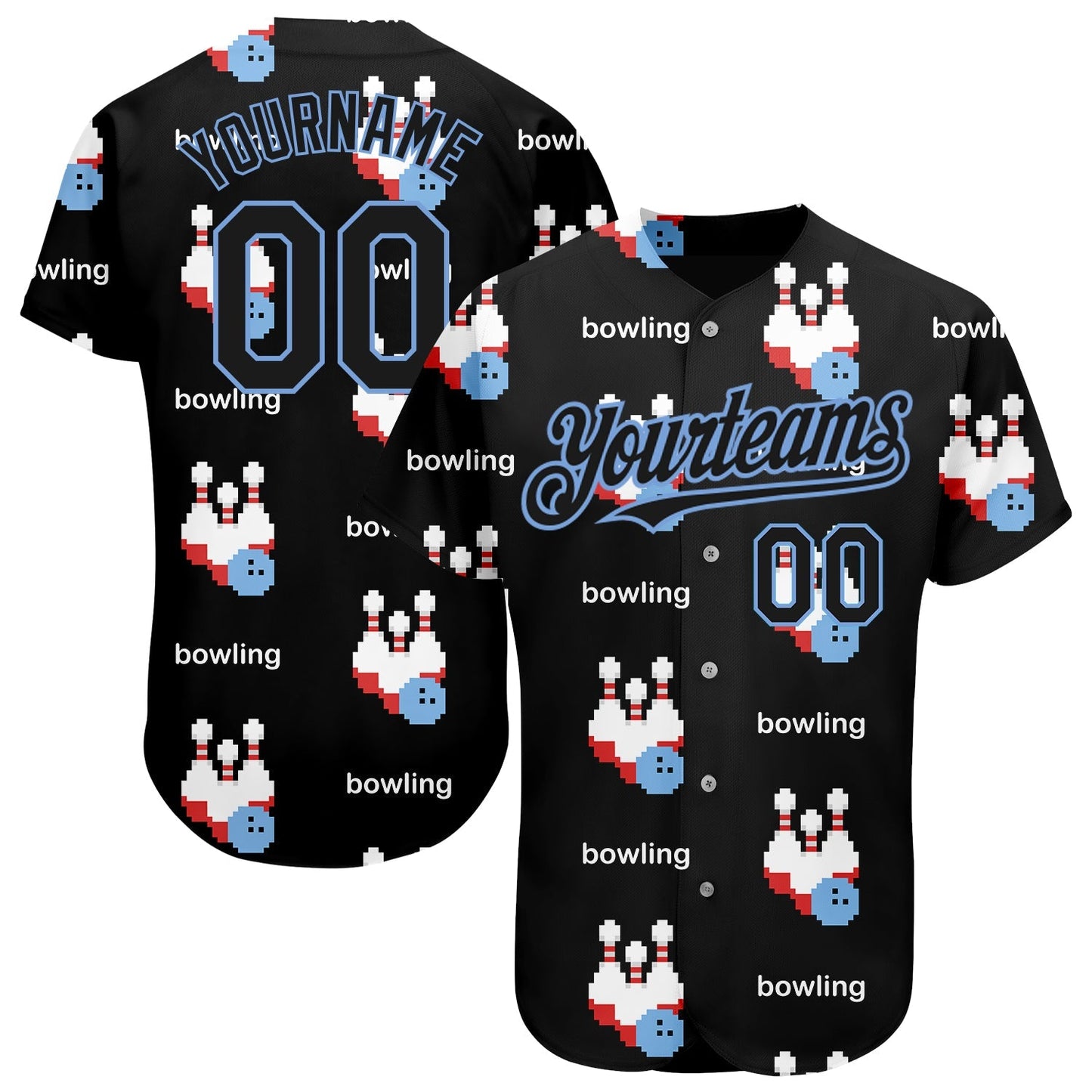 Custom Black Light Blue 3D Pattern Design Bowling Authentic Baseball Jersey baseball jersey product view 1