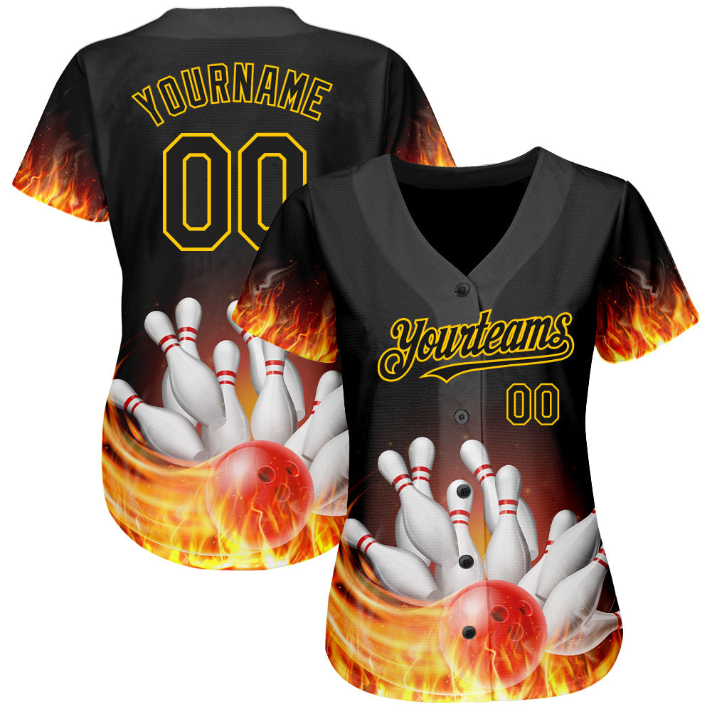 Custom Black Gold 3D Pattern Design Flame Bowling Authentic Baseball Jersey baseball jersey product view 3