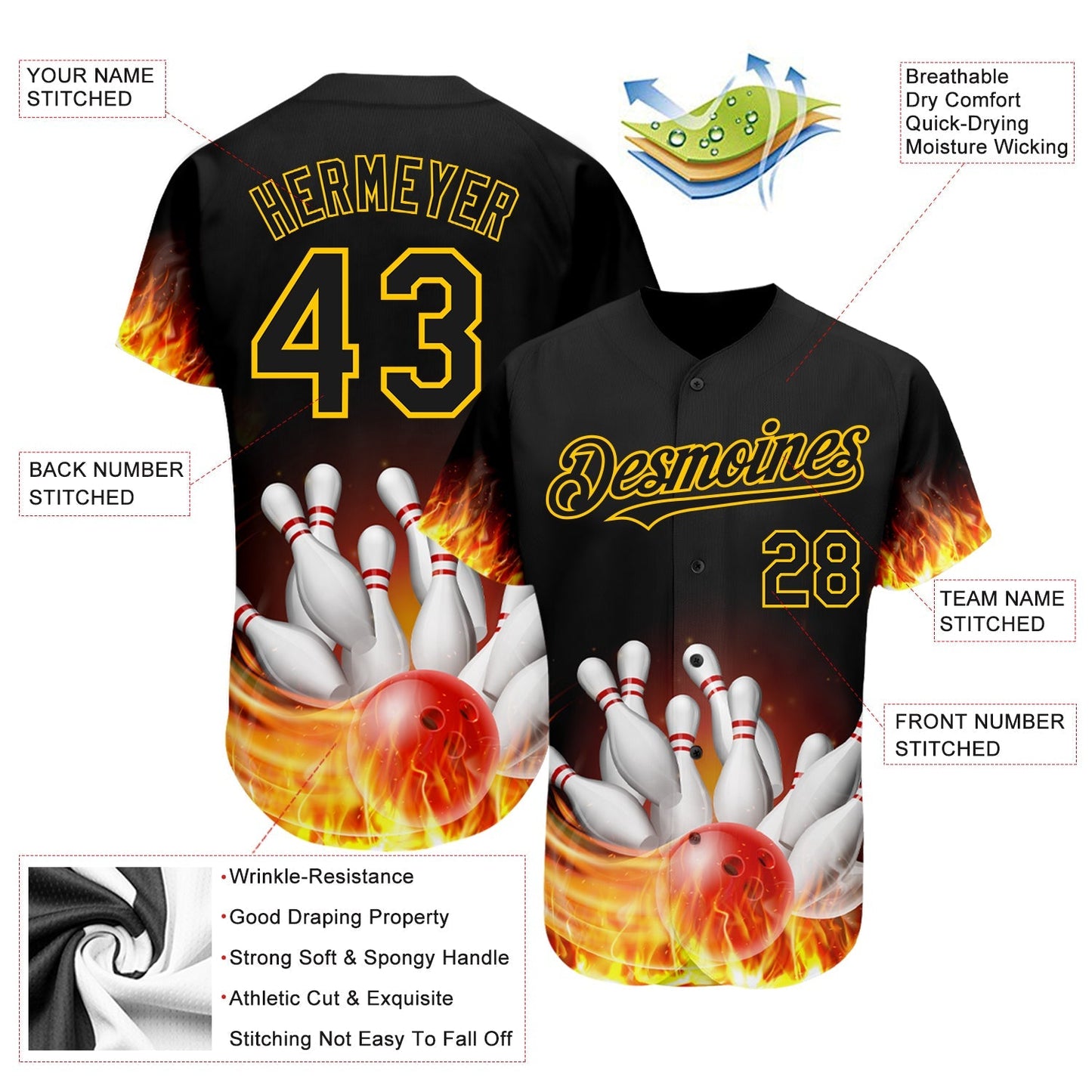 Custom Black Gold 3D Pattern Design Flame Bowling Authentic Baseball Jersey baseball jersey product view 4
