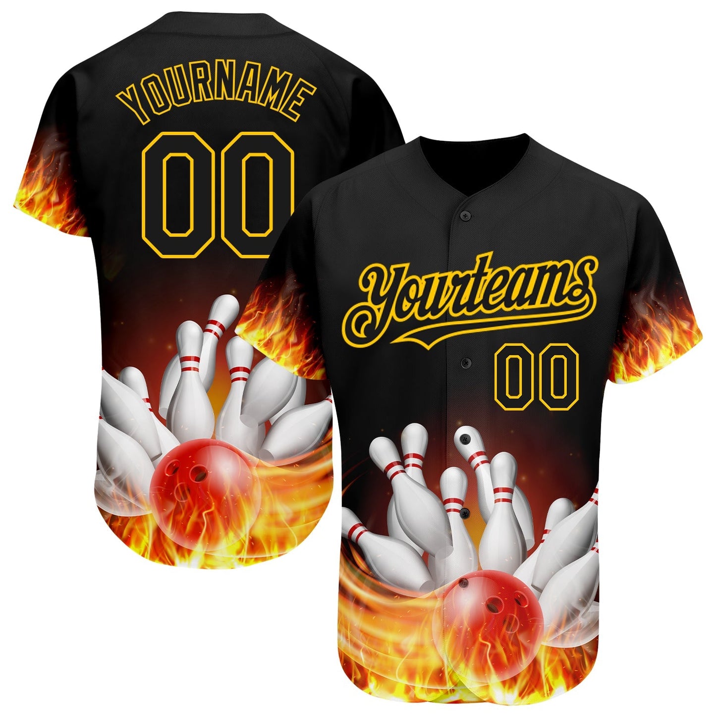 Custom Black Gold 3D Pattern Design Flame Bowling Authentic Baseball Jersey baseball jersey product view 1
