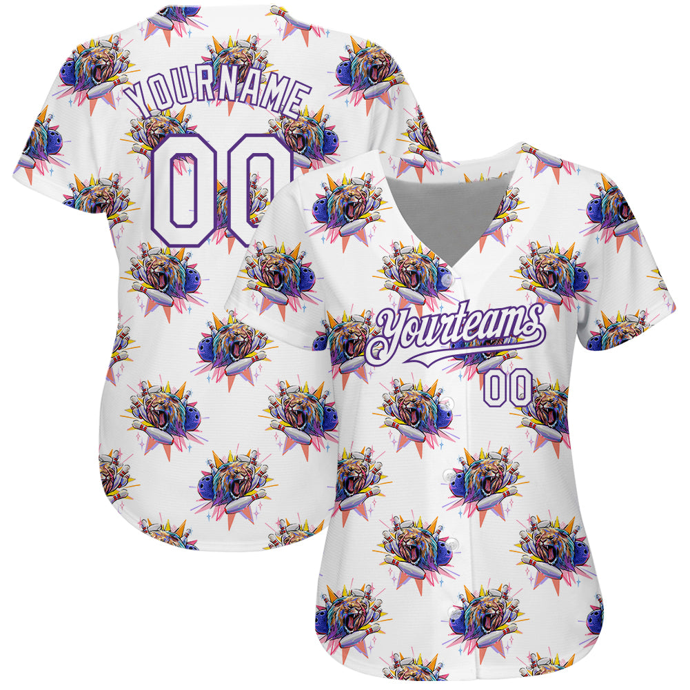 Custom White Purple 3D Pattern Design Growling Lion Among The Bowling Authentic Baseball Jersey baseball jersey product view 2