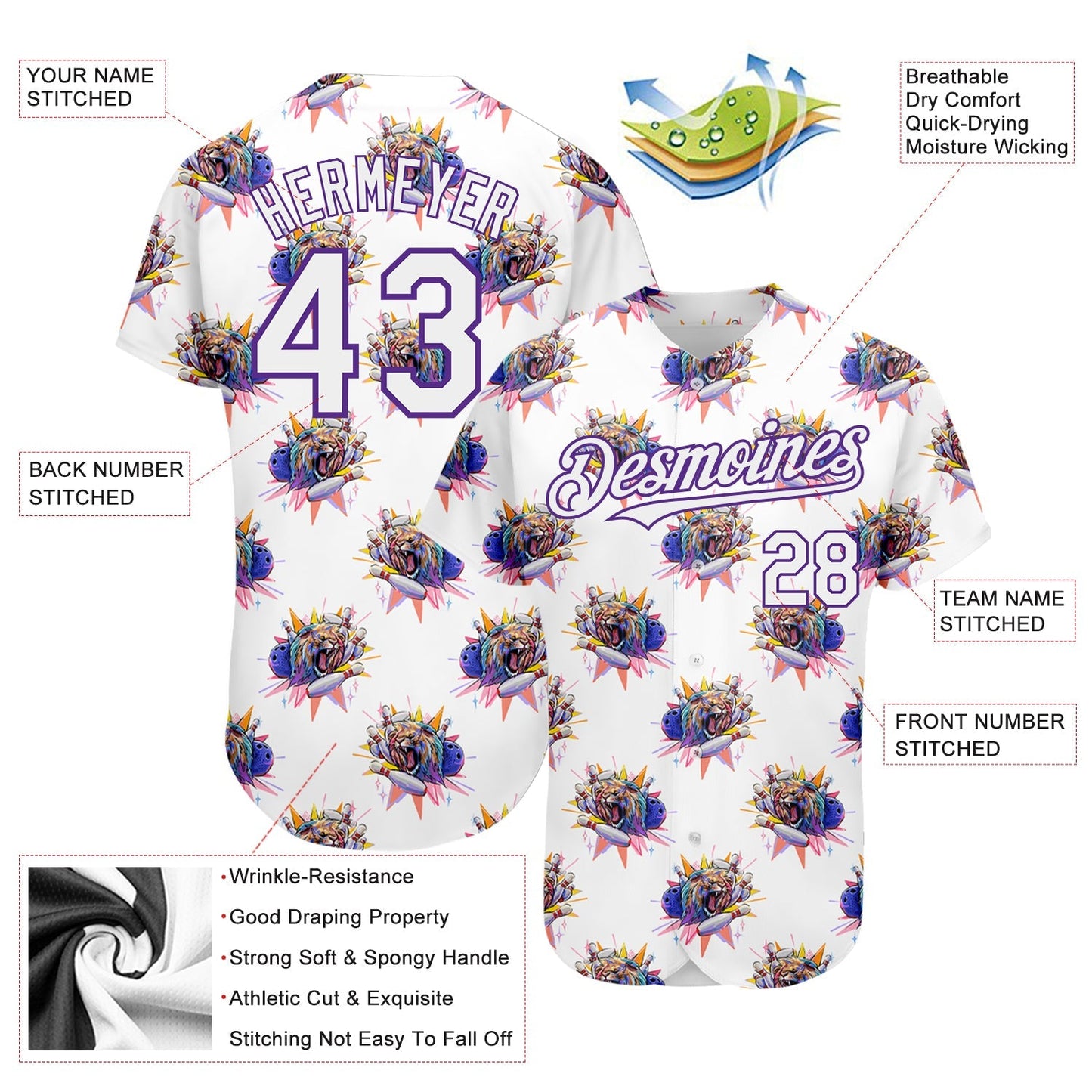 Custom White Purple 3D Pattern Design Growling Lion Among The Bowling Authentic Baseball Jersey baseball jersey product view 3