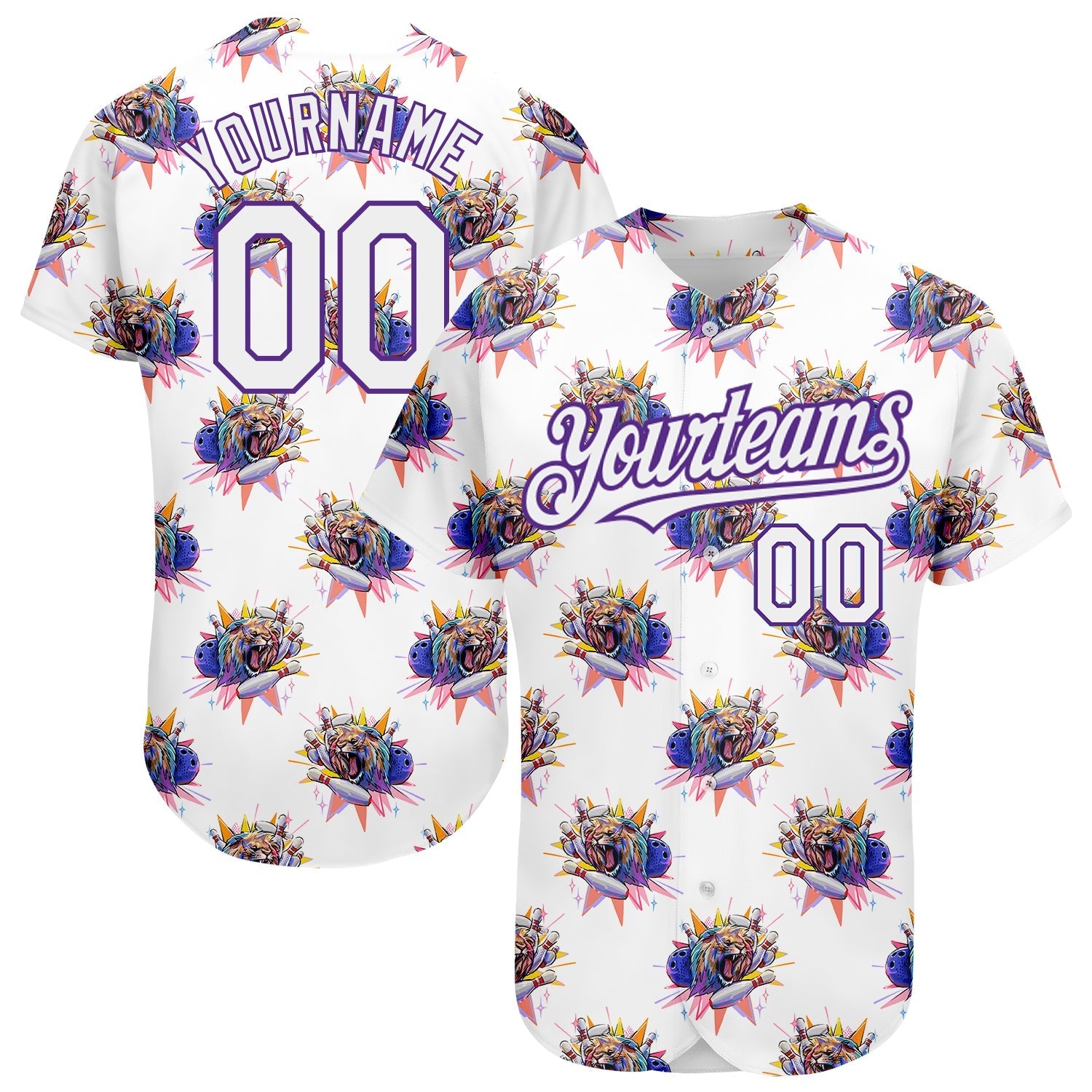 Custom White Purple 3D Pattern Design Growling Lion Among The Bowling Authentic Baseball Jersey baseball jersey product view 1