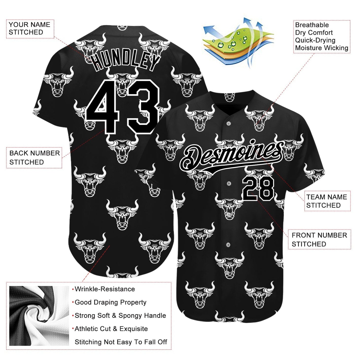 Custom Black White 3D Pattern Design Ox Authentic Baseball Jersey baseball jersey product view 3