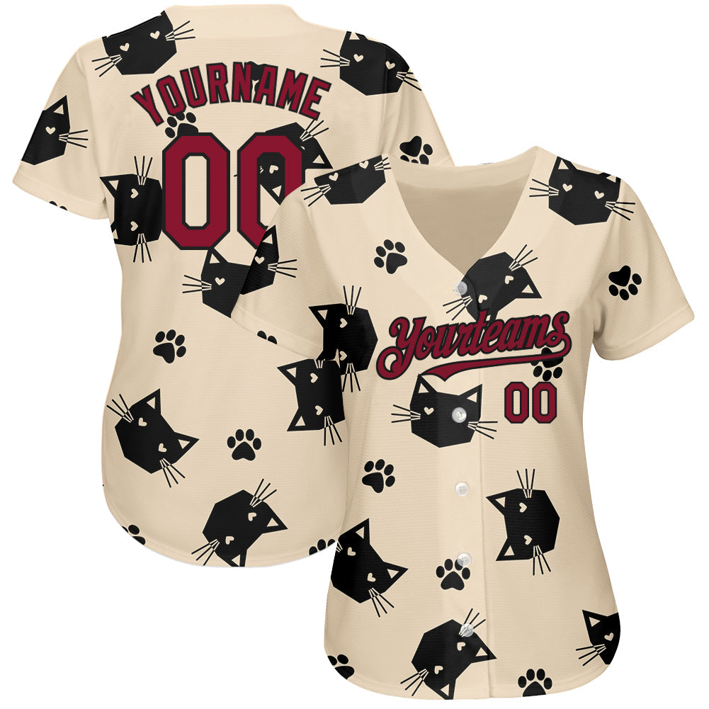 Custom Cream Crimson-Black 3D Pattern Design Cat Authentic Baseball Jersey baseball jersey product view 2
