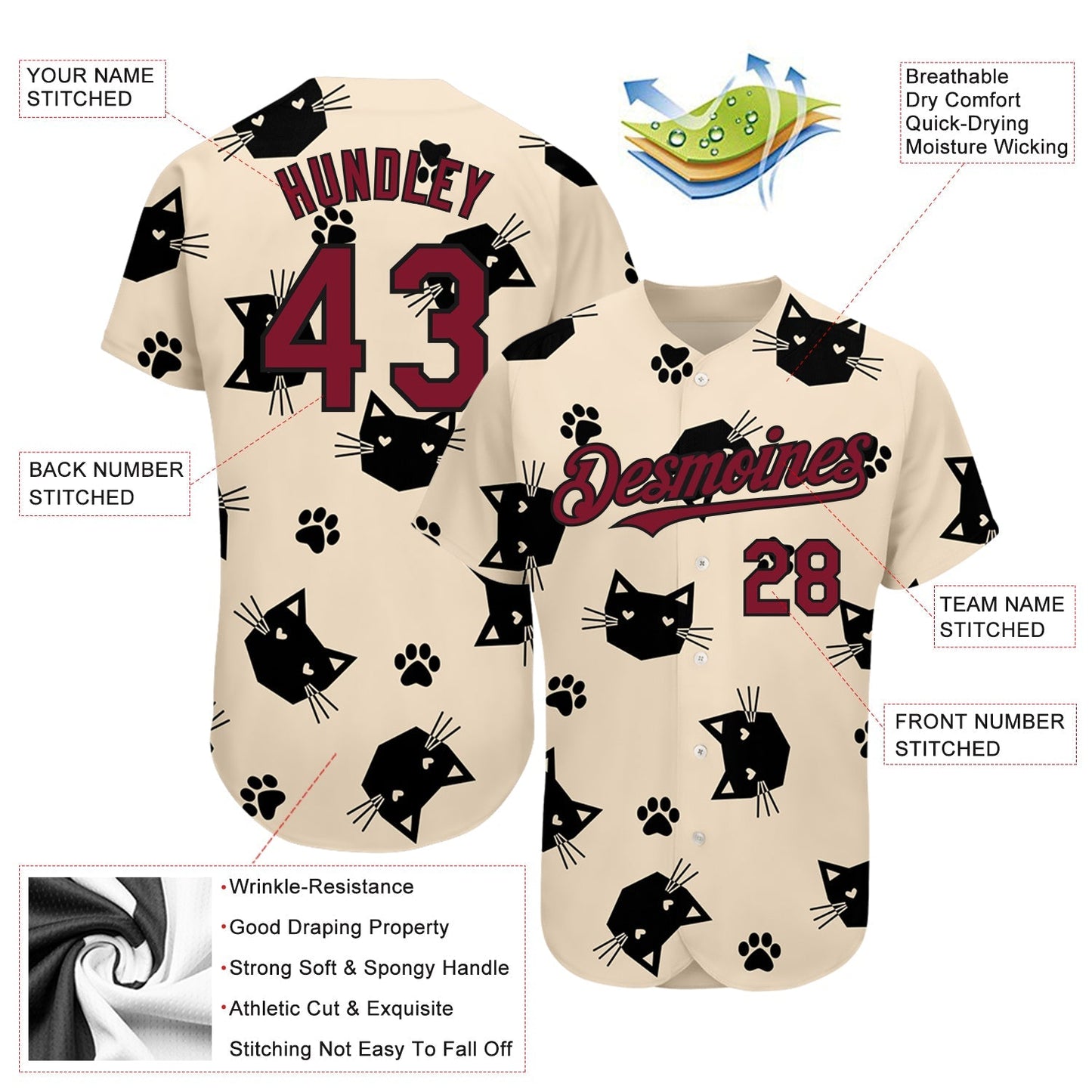 Custom Cream Crimson-Black 3D Pattern Design Cat Authentic Baseball Jersey baseball jersey product view 3