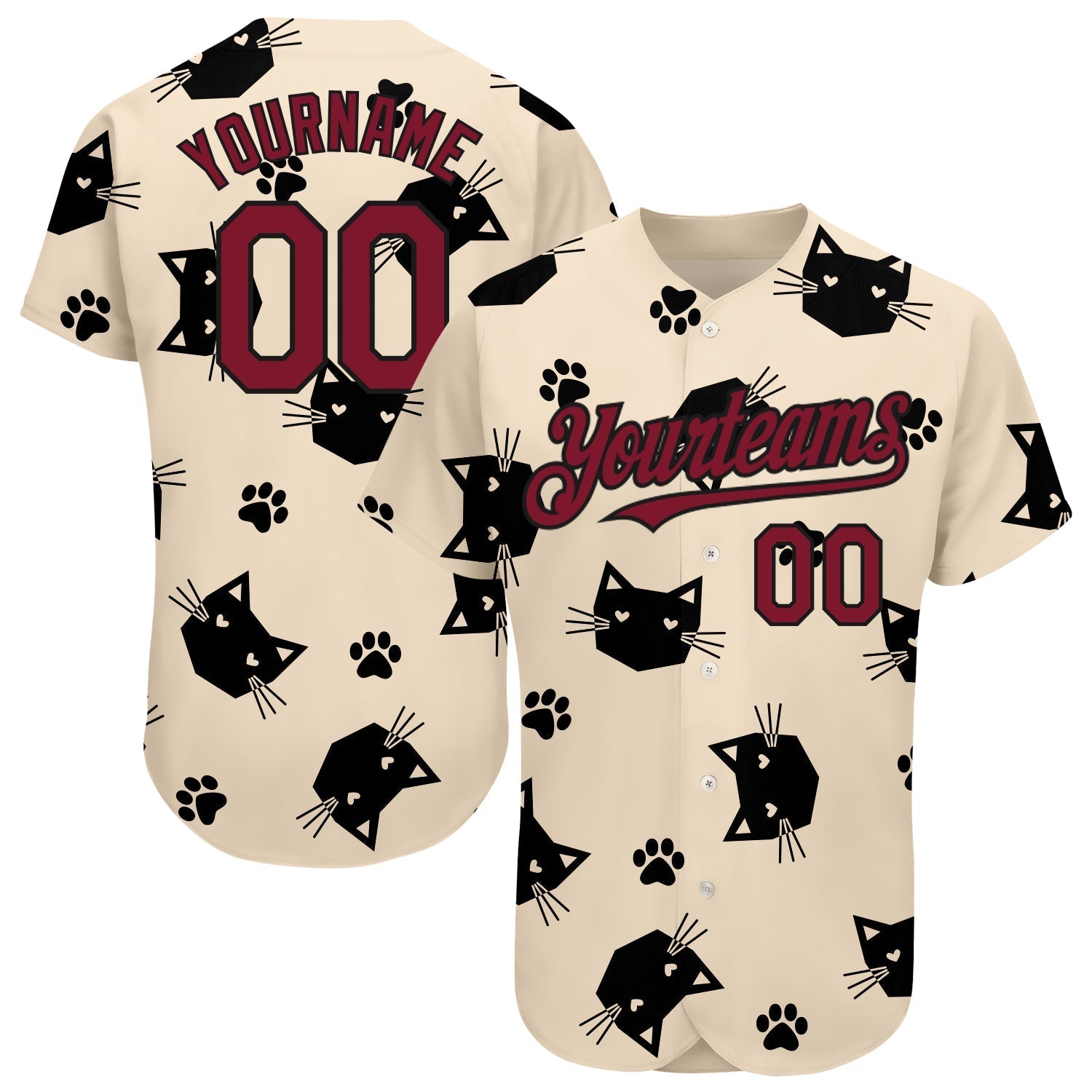 Custom Cream Crimson-Black 3D Pattern Design Cat Authentic Baseball Jersey baseball jersey product view 1