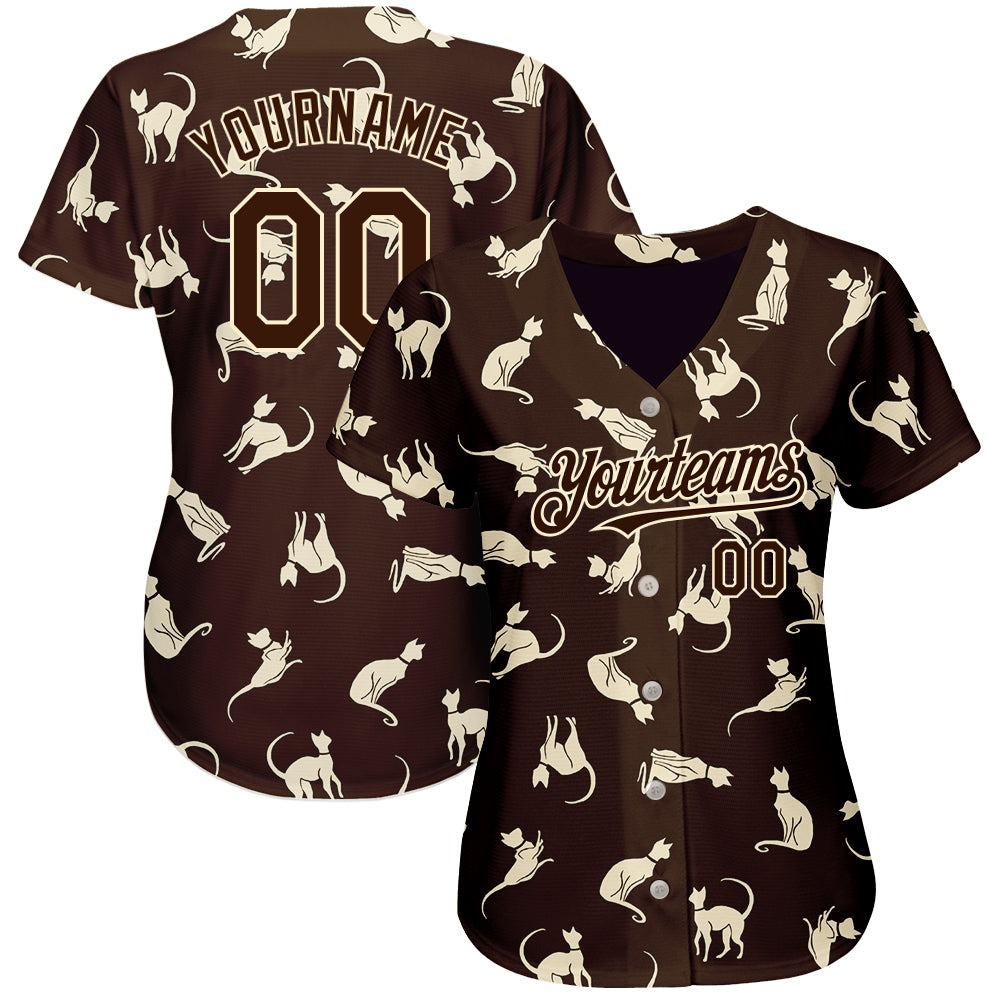 Custom Brown Cream 3D Pattern Design Cat Authentic Baseball Jersey baseball jersey product view 2