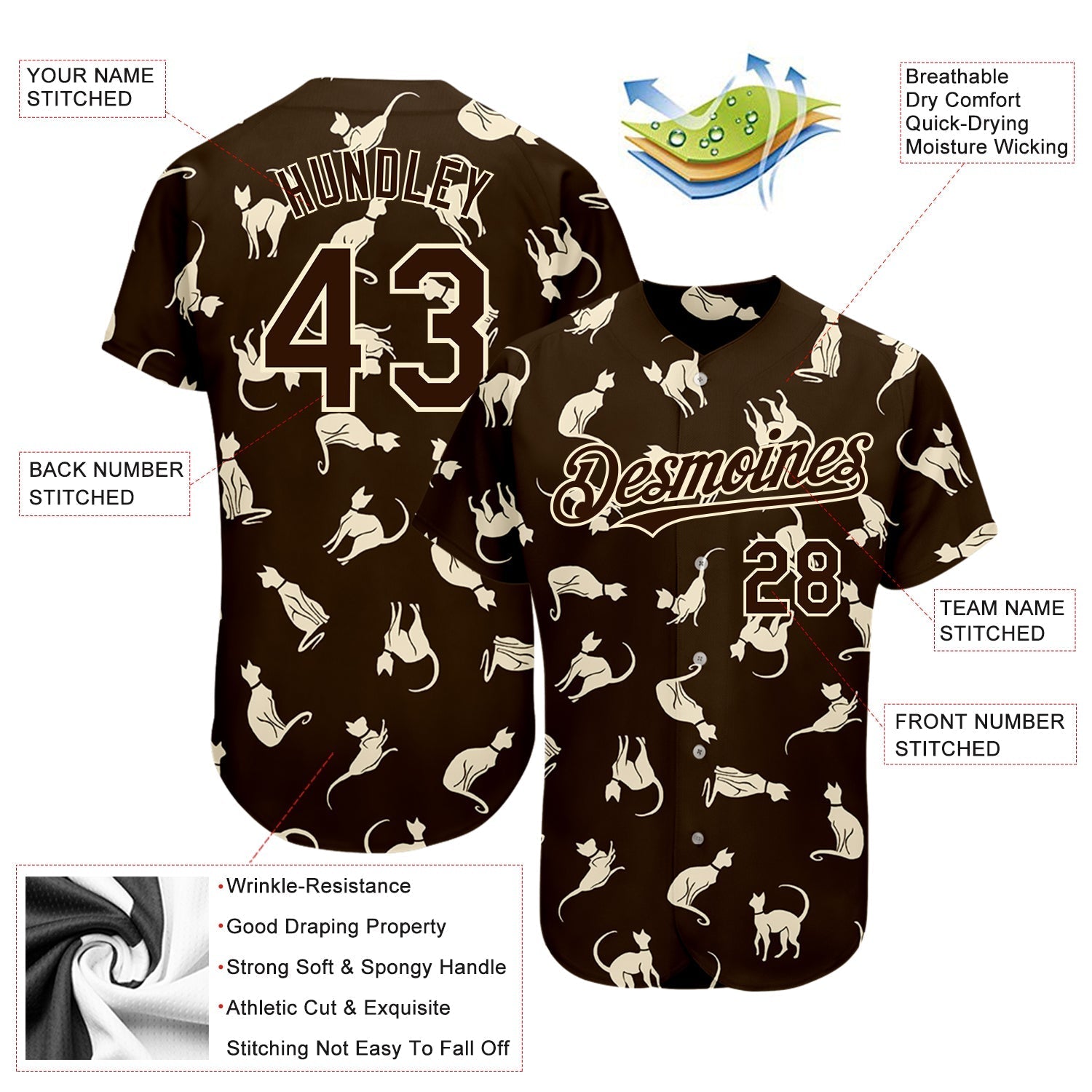 Custom Brown Cream 3D Pattern Design Cat Authentic Baseball Jersey baseball jersey product view 3