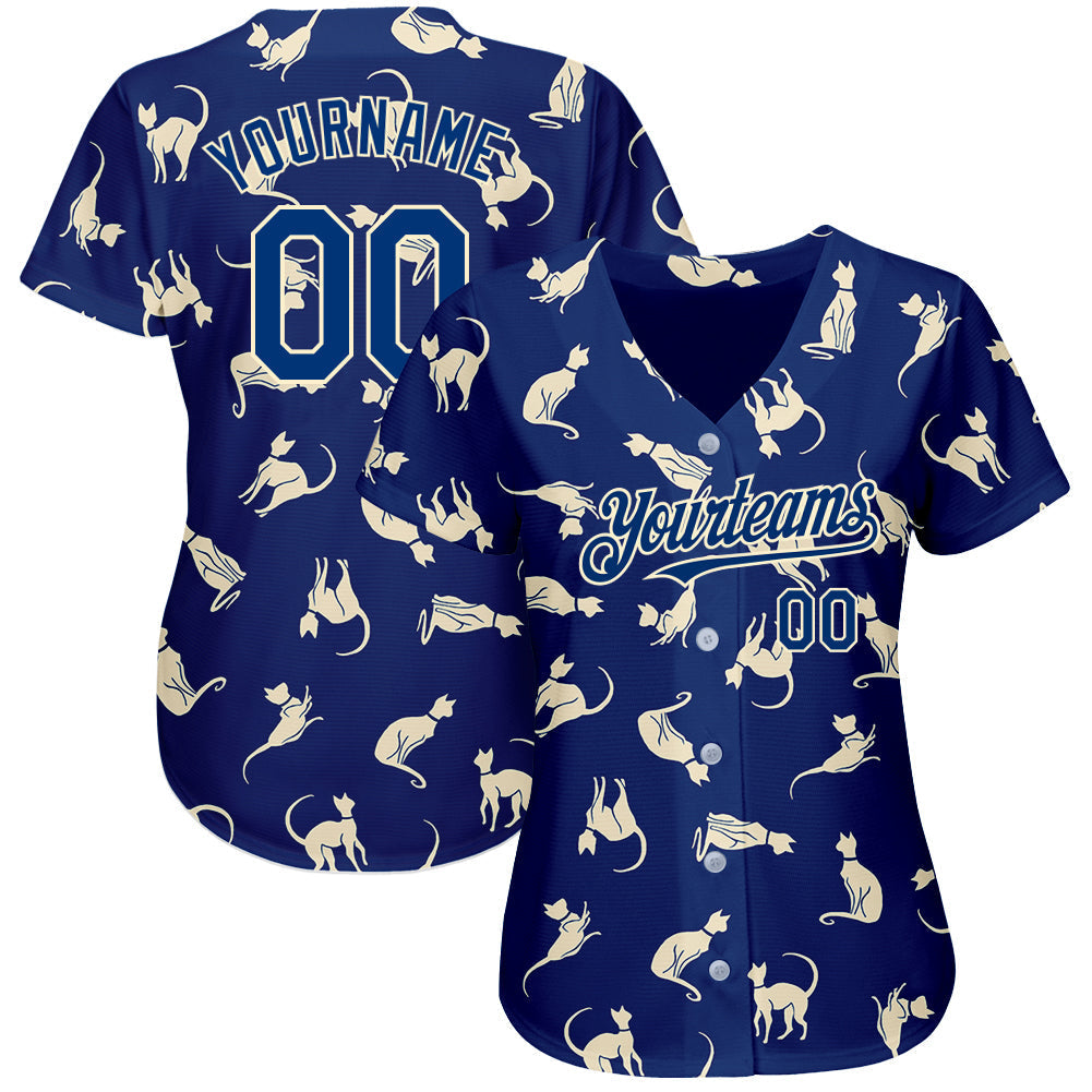 Custom US Navy Blue Cream 3D Pattern Design Cat Authentic Baseball Jersey baseball jersey product view 2