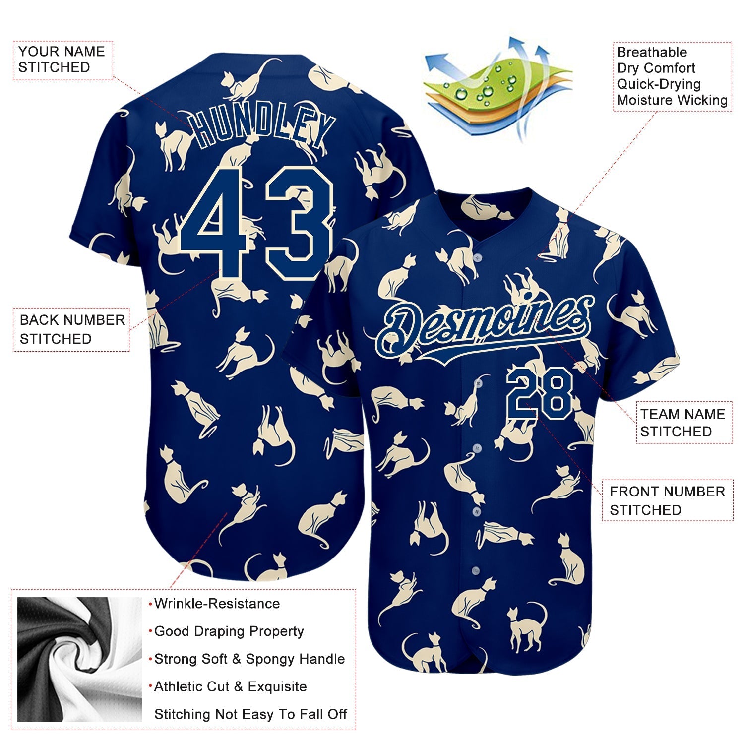Custom US Navy Blue Cream 3D Pattern Design Cat Authentic Baseball Jersey baseball jersey product view 3