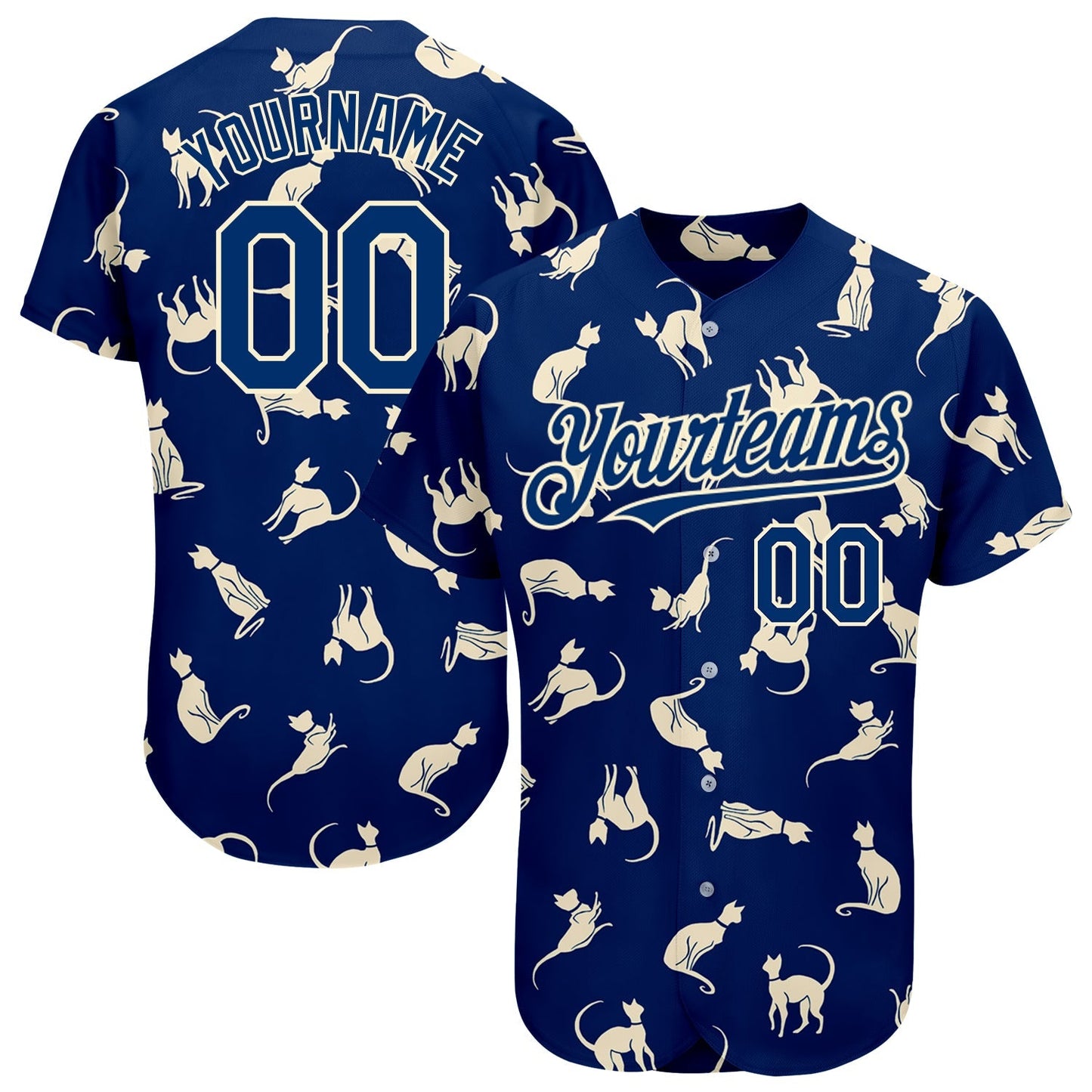 Custom US Navy Blue Cream 3D Pattern Design Cat Authentic Baseball Jersey baseball jersey product view 1