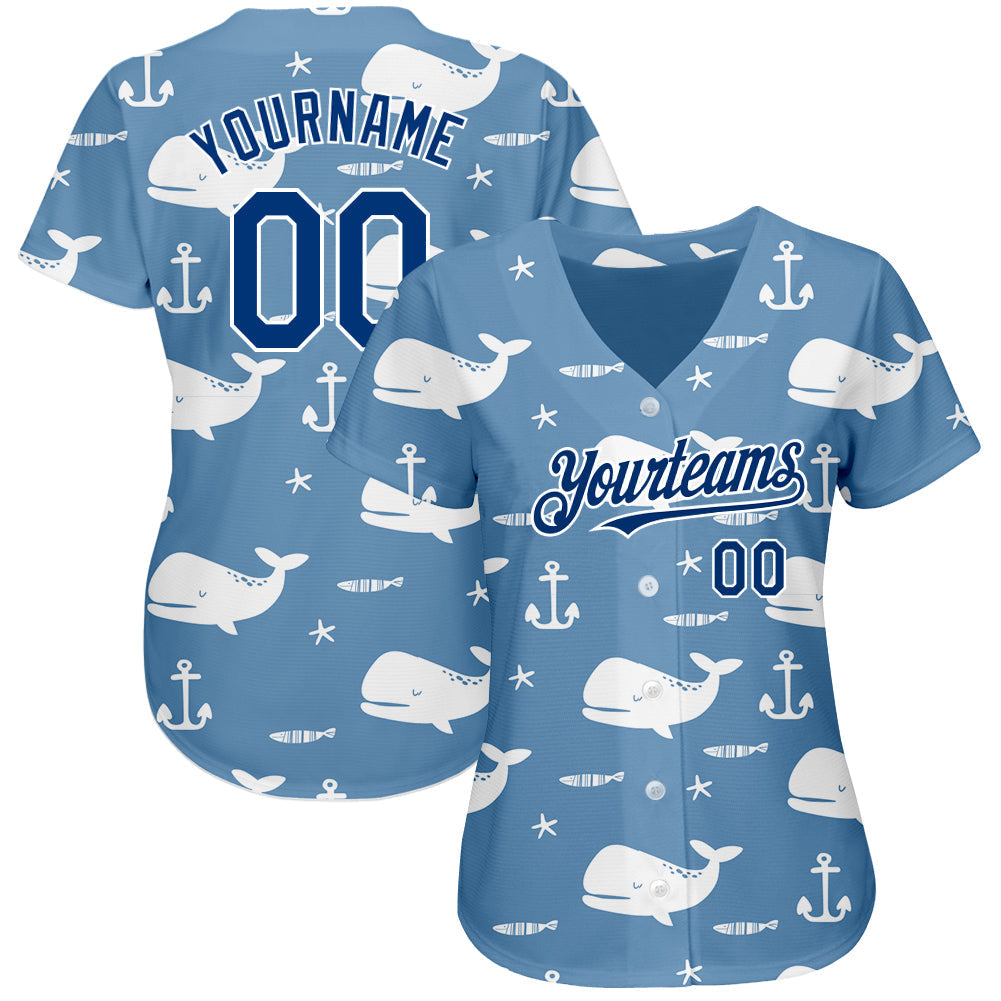 Custom Light Blue US Navy Blue-White 3D Pattern Design Whale Authentic Baseball Jersey baseball jersey product view 2