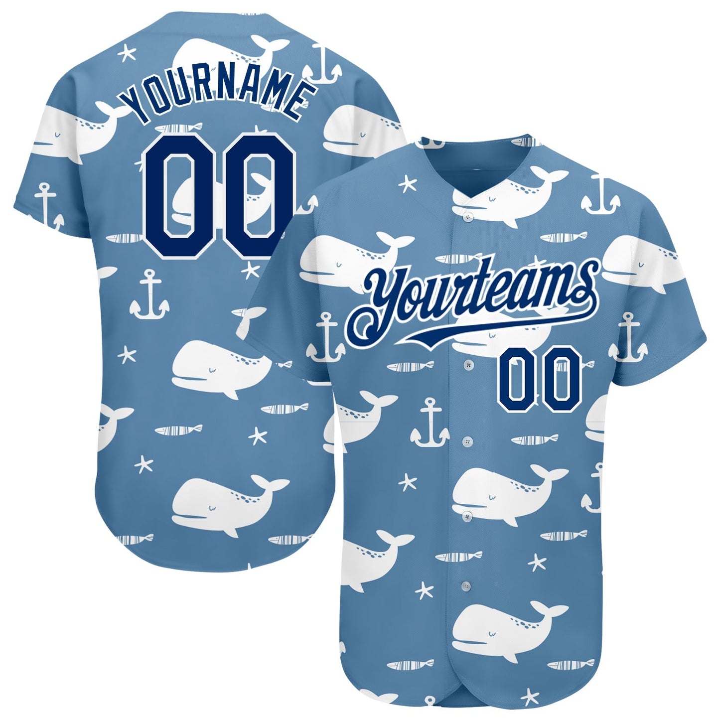 Custom Light Blue US Navy Blue-White 3D Pattern Design Whale Authentic Baseball Jersey baseball jersey product view 1