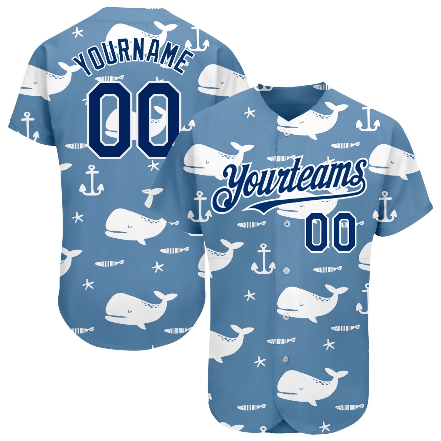 Custom Light Blue US Navy Blue-White 3D Pattern Design Whale Authentic Baseball Jersey baseball jersey product view 1