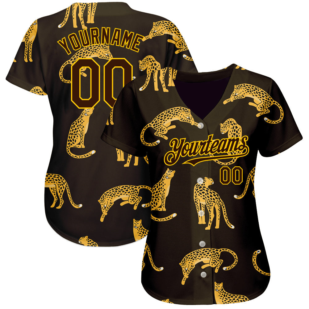 Custom Brown Yellow 3D Pattern Design Leopard Authentic Baseball Jersey baseball jersey product view 2