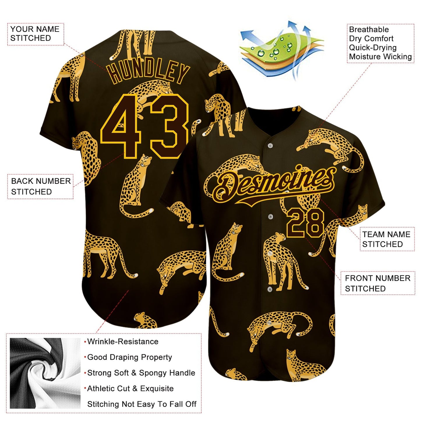 Custom Brown Yellow 3D Pattern Design Leopard Authentic Baseball Jersey baseball jersey product view 3
