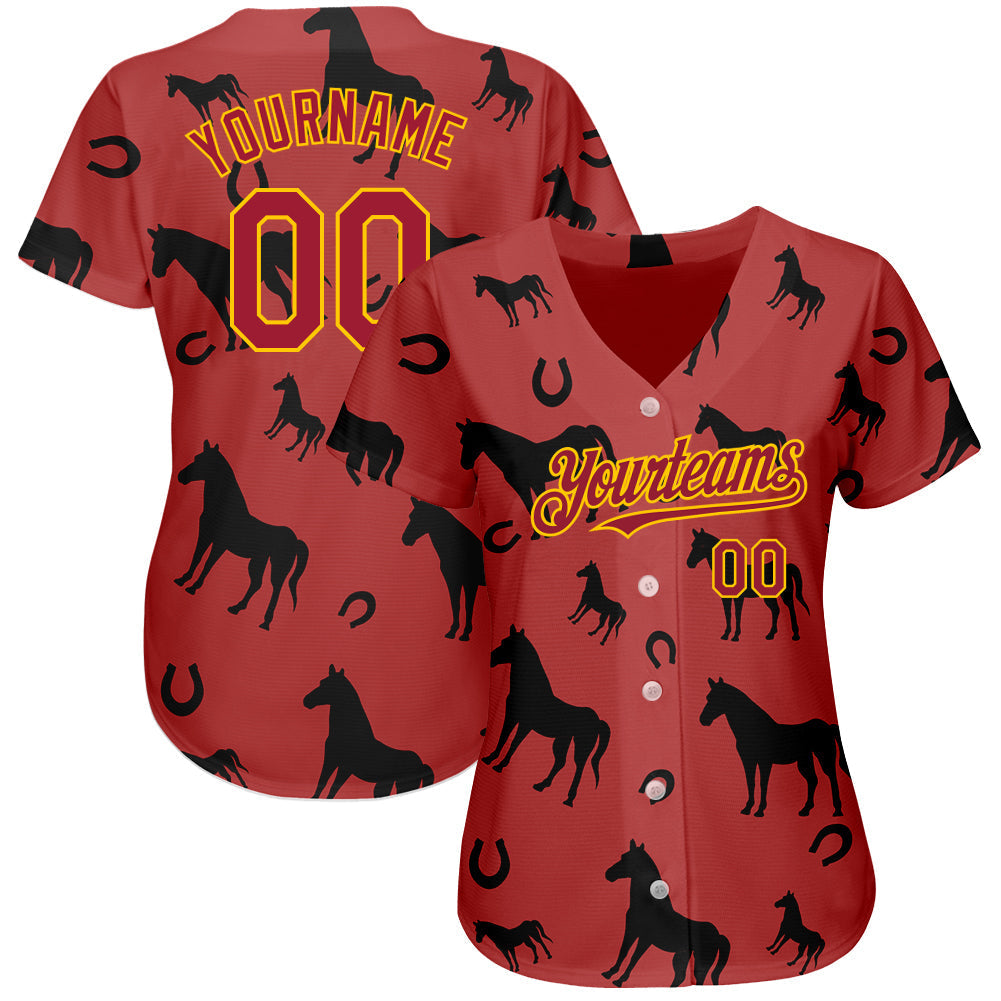 Custom Cardinal Yellow 3D Pattern Design Horse Authentic Baseball Jersey baseball jersey product view 2