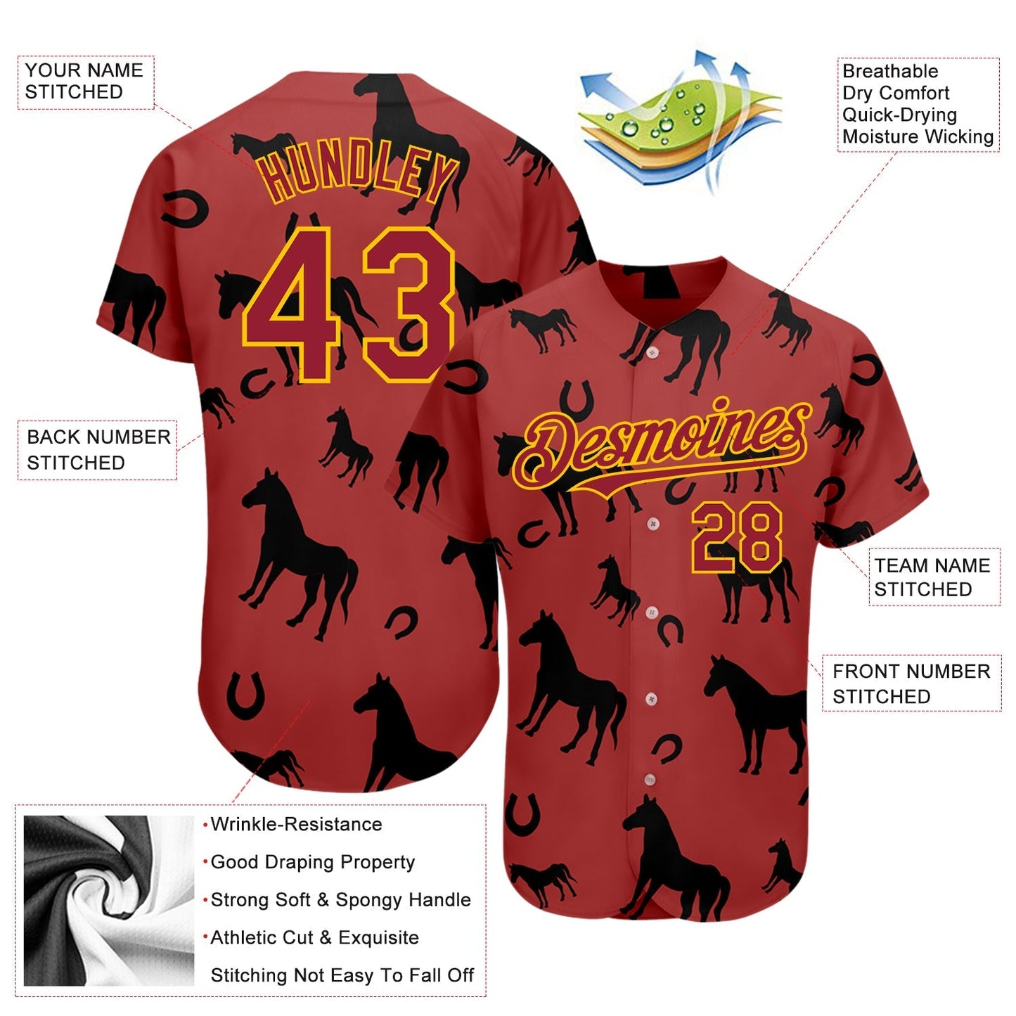 Custom Cardinal Yellow 3D Pattern Design Horse Authentic Baseball Jersey baseball jersey product view 3