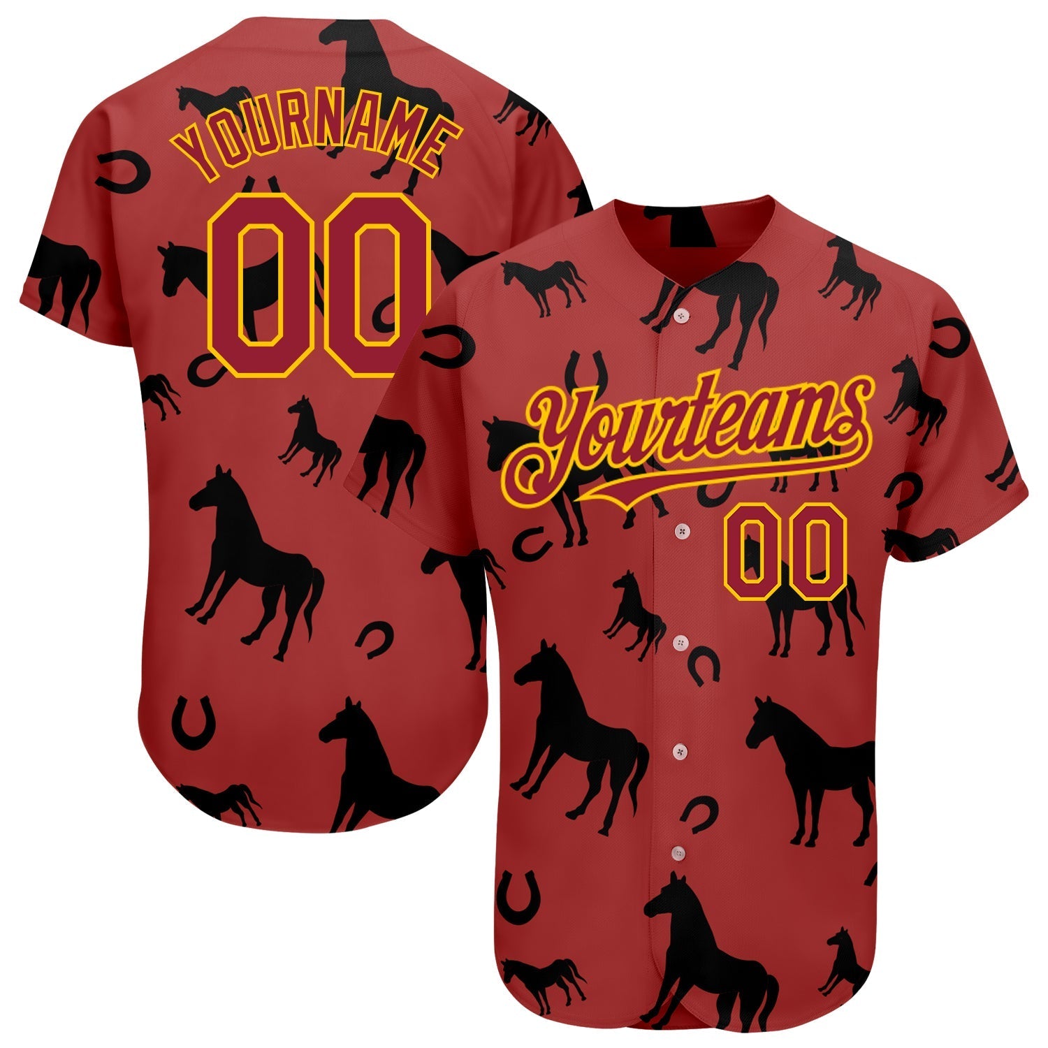 Custom Cardinal Yellow 3D Pattern Design Horse Authentic Baseball Jersey baseball jersey product view 1