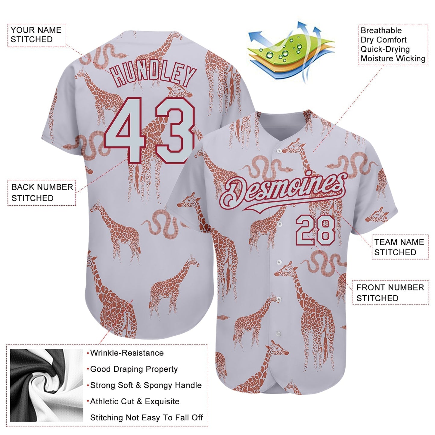 Custom Gray Silver-Cardinal 3D Pattern Design Giraffe And Snake Authentic Baseball Jersey baseball jersey product view 3