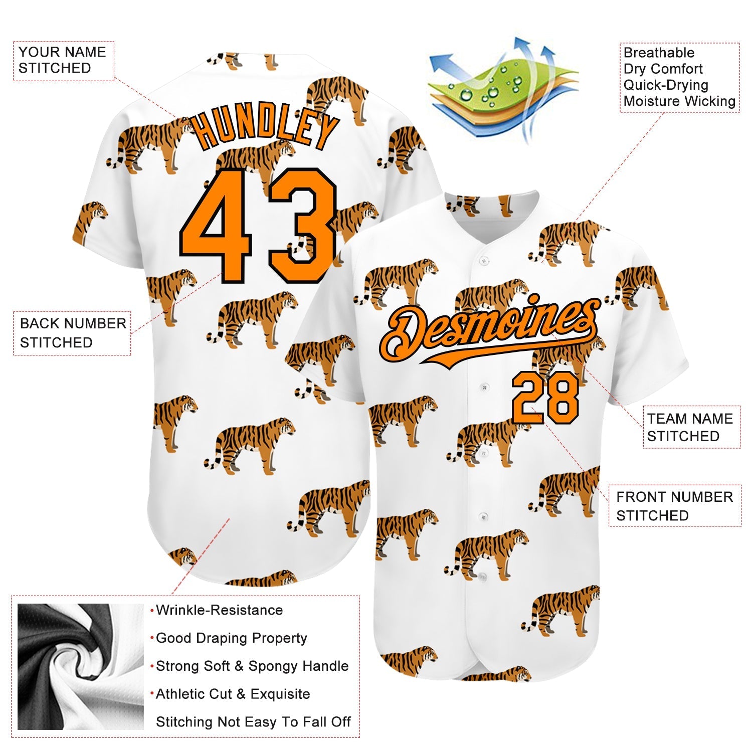 Custom White Bay Orange-Black 3D Pattern Design Tiger Authentic Baseball Jersey baseball jersey product view 3