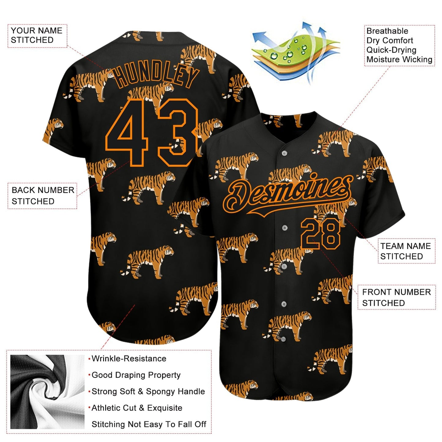 Custom Black Bay Orange 3D Pattern Design Tiger Authentic Baseball Jersey baseball jersey product view 3