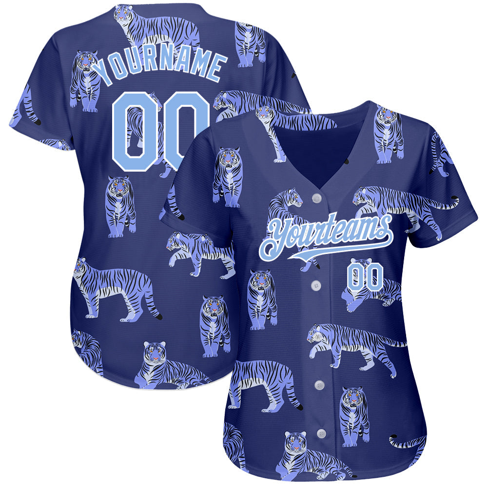 Custom Dark Purple Light Blue-White 3D Pattern Design Tiger Authentic Baseball Jersey baseball jersey product view 2