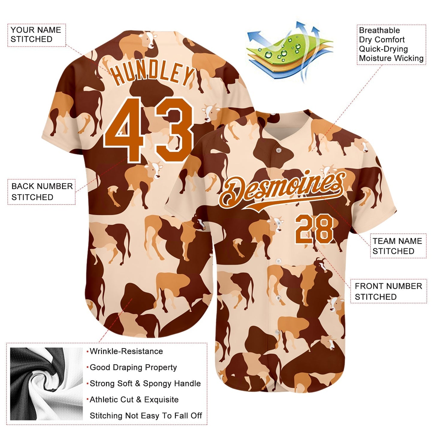Custom Cream Texas Orange-White 3D Pattern Design Ox Authentic Baseball Jersey baseball jersey product view 3