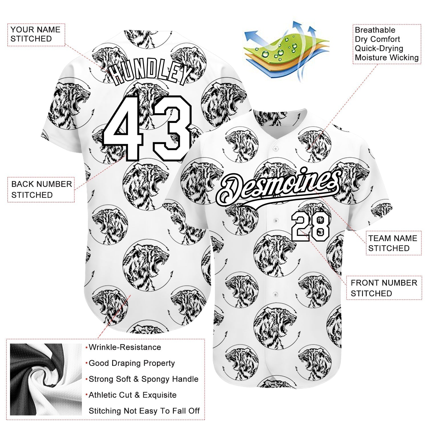 Custom White Black 3D Pattern Design Tiger Authentic Baseball Jersey baseball jersey product view 3