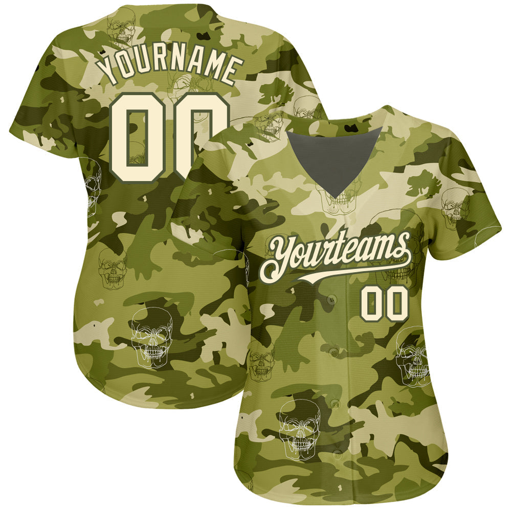 Custom Camo Cream-Olive 3D Skull Fashion Authentic Baseball Jersey baseball jersey product view 2