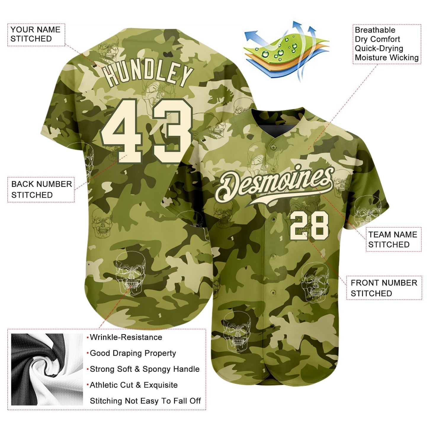 Custom Camo Cream-Olive 3D Skull Fashion Authentic Baseball Jersey baseball jersey product view 3