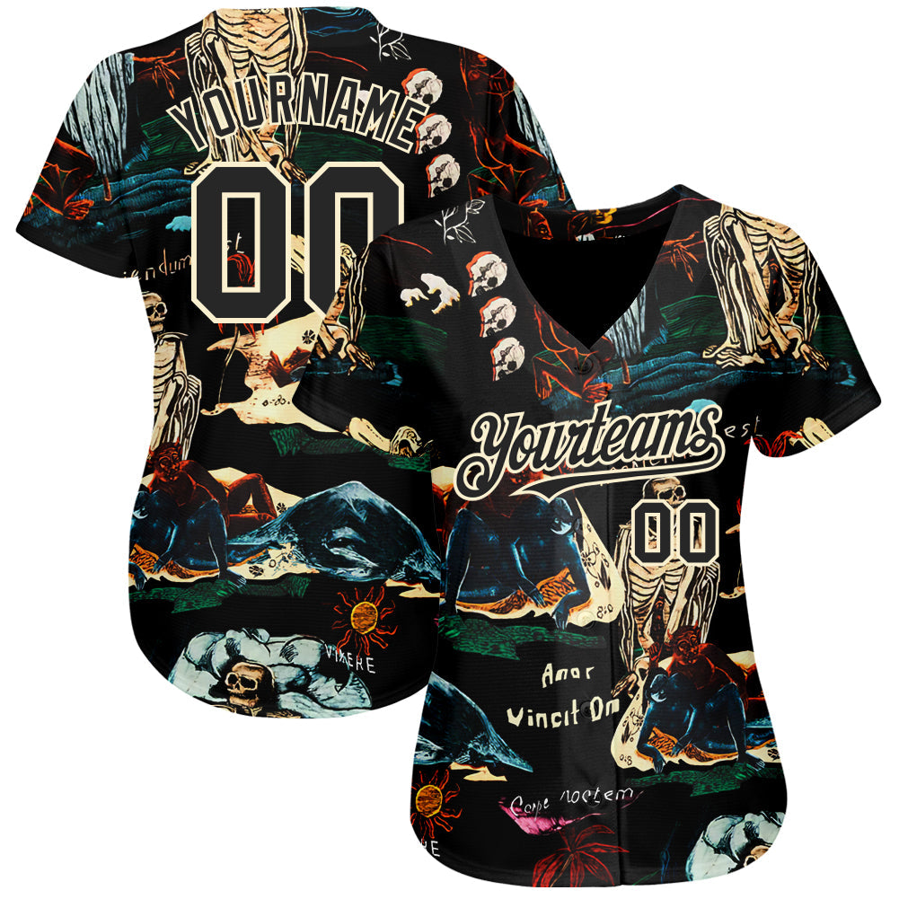 Custom Black Cream 3D Tropical Plant And Skull Fashion Authentic Baseball Jersey baseball jersey product view 2