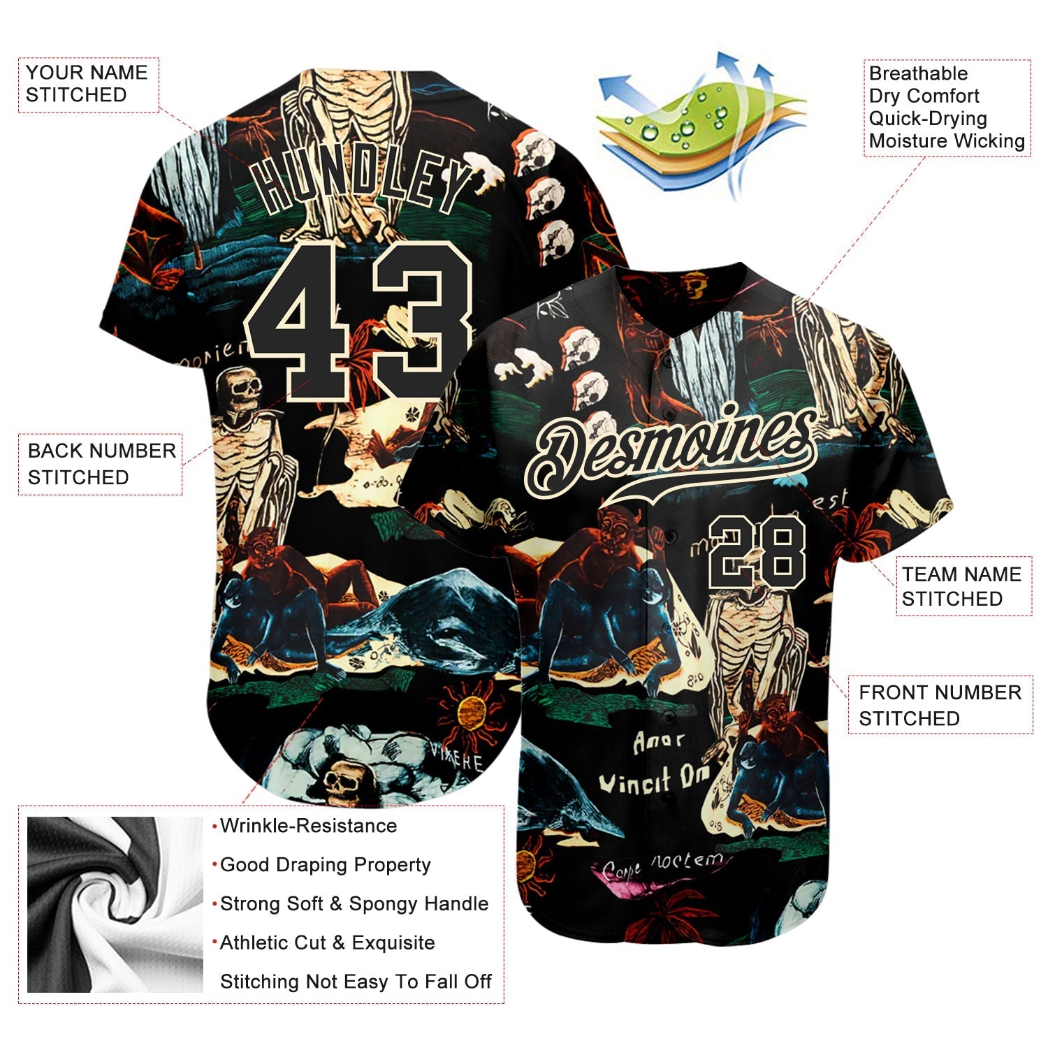 Custom Black Cream 3D Tropical Plant And Skull Fashion Authentic Baseball Jersey baseball jersey product view 3