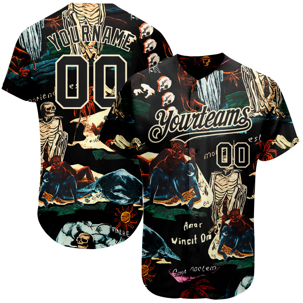 Custom Black Cream 3D Tropical Plant And Skull Fashion Authentic Baseball Jersey baseball jersey product view 1