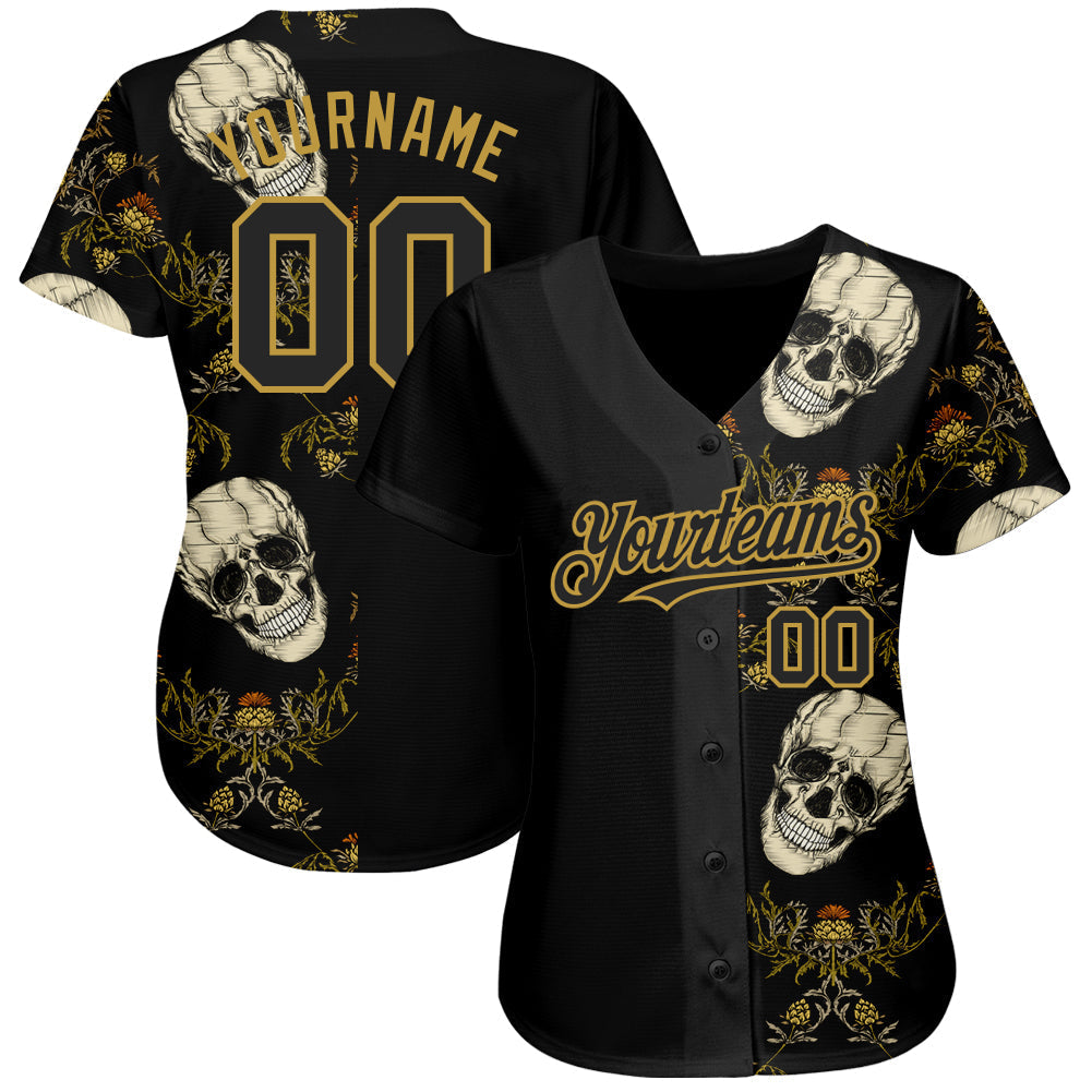 Custom Black Old Gold 3D Plant And Skull Fashion Authentic Baseball Jersey baseball jersey product view 2