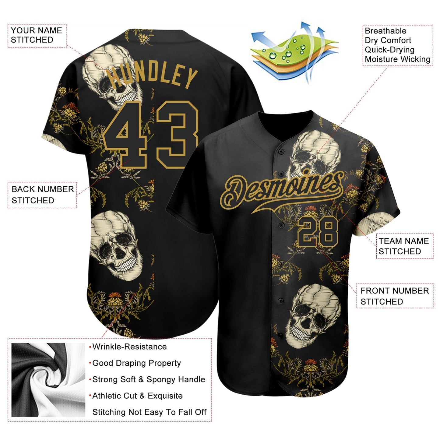 Custom Black Old Gold 3D Plant And Skull Fashion Authentic Baseball Jersey baseball jersey product view 3